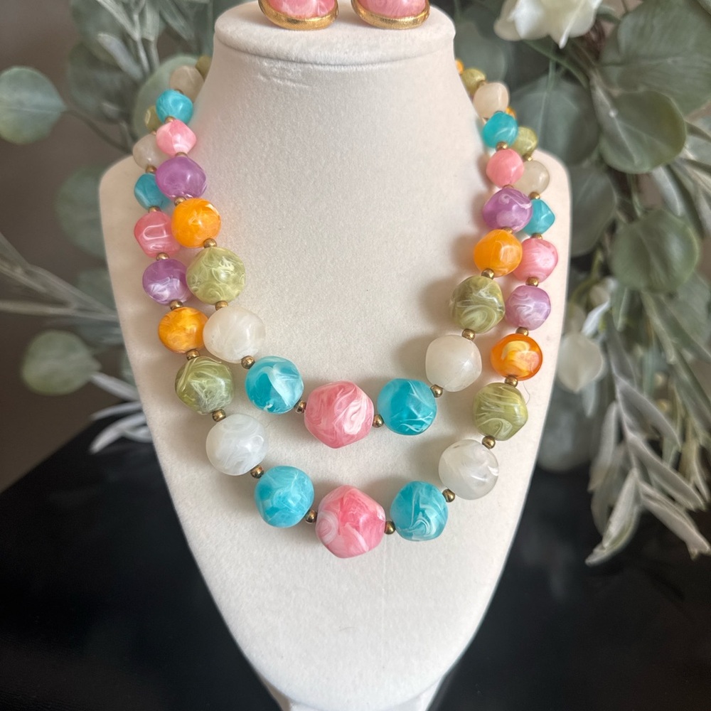 Vintage Kramer Colorful Marbled Bead Necklace & Earring Set 1950s